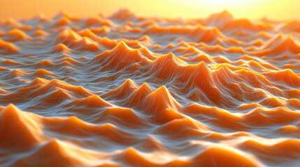 Poster - A detailed 4K 3D background reveals realistic digital polygons in side angle view, illuminated by a warm sunset creating a captivating polygonal landscape view.