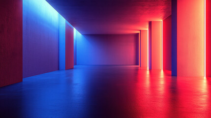 Poster - Contemporary 3D visual showcasing a corridor bathed in vibrant blue and red light, a realistic 4K rende viewed from the side offe modern aesthetics.