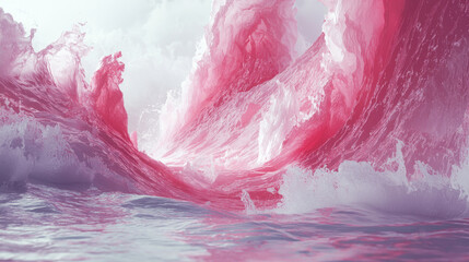 Poster - A captivating 4K side view shows realistic abstract pink waves creating a mesmerizing 3D background with dynamic and fluid motion in a surreal ocean scape.