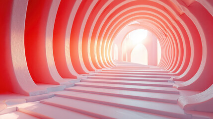 Poster - A bold 4K background featu realistic side view of red and white architectural arches leading toward a bright light, creating a high contrast 3D render.
