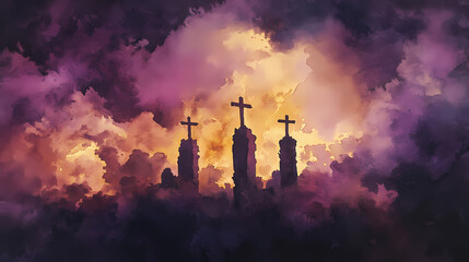Wall Mural - Ethereal watercolor depicting three crosses silhouetted against a stormy purple sky, with golden light breaking through dark clouds. [Hollow Monoliths] | Ruined Cathedrals | broken faith. Illustration