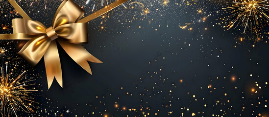 Poster - Festive gold ribbon bow and sparkling fireworks on a dark abstract background