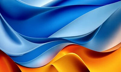 Fototapete -  Blue and orange background, with flowing silk fabric shapes in the foreground, representing smooth curves and abstract patterns. The color contrast between blue and orange adds vibrancy to an elegant