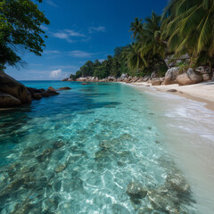  white sand tropical beach with crystal clear water surrounded by tropical rain forest