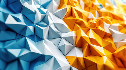Poster - Geometric 3D landscape with blue and gold facets creates a realistic 4K storytelling background, perfect for modern digital applications and visual narratives.