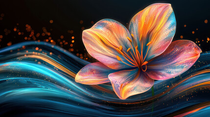 Poster - A vibrant 3D floral art piece displays fluid, swirling blues and oranges against a dark backdrop, showcasing realistic detail and a soft, flowing design in 4K resolution.