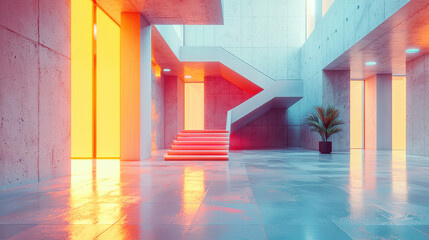 Poster - eye-catching 4k 3d art with a realistic concrete interior showcasing side angle views, stairs, and p