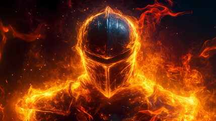 Wall Mural - Fiery knight helmet abstract design radiating power and mystery on dark backdrop evoking intensity. [Neon Folklore] | Spark Spirits | fire ghosts. Illustration