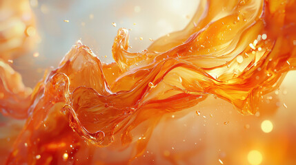 Poster - Dynamic 4K realistic side angle view of a flowing honey-like fluid with 3D background graphics creating an abstract kenmima design and glistening bokeh effects.