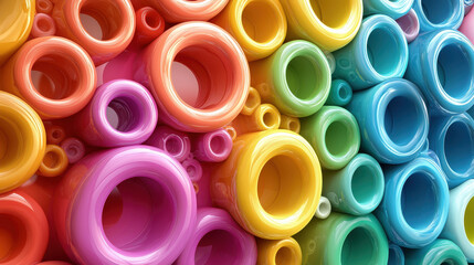 Poster - This is a 4K realistic side angle view of a colorful 3D background featu a vibrant pattern of concentric circles designed with kenmima techniques, all bright.