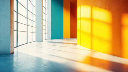 Poster - Bold 3D interior with realistic light from side angle window, creating shadows on yellow and turquoise walls in a bright 4K architectural background space.