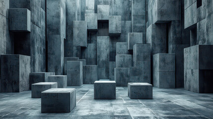 Poster - Artistic realistic 4K 3D background featu an abstract side angle view of concrete textures creating a modern geometric architectural structure display.