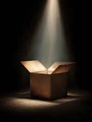 Aufkleber - Cardboard Box Opens to Reveal Mysterious Glowing Light Shining in a Dark Room at Night Generative AI