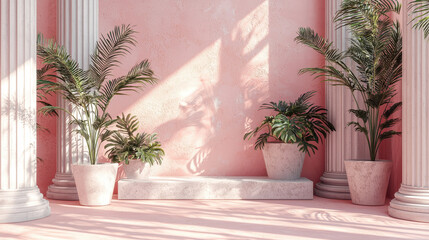 Poster - Kenmima style 3D render showcases artistic arrangements of plants near classical columns against a textured pink background in realistic 4K resolution side view.