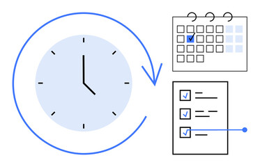 Poster - analog clock encircled by arrow, marked calendar, and checklist emphasize organized planning. ideal 