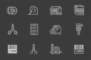 Poster - Minimal Icon Set Featuring Tape Roll Scissors and Barcode Scanner Used in Office Environments for Organization and Inventory Tasks Generative AI