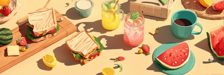 Aufkleber - Bright Summer Picnic With Sandwiches, Fresh Fruits, and Refreshing Lemonade Set on a Vibrant Blanket Under the Sun Generative AI
