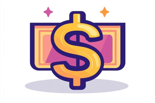 Purple dollar icon on computer screen with stars in decorative background