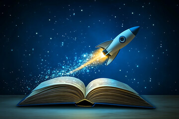 Poster - A rocket launching from an open book under a starry sky, symbolizing imagination and creativity