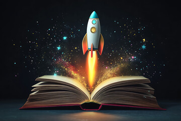 Poster - A colorful rocket launching from an open book, symbolizing imagination and creativity in a dark space