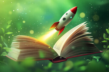 Poster - A vibrant illustration of a rocket launching from an open book amidst a lush green background