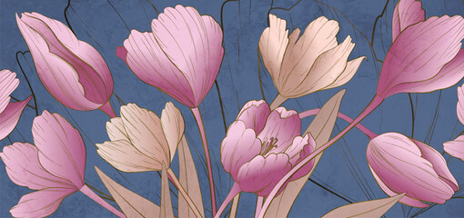Wall Mural - abstract blue art background with hand drawn flowers in line art style. botanical banner for decor, 