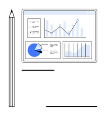 Poster - computer screen displays multiple analytics thumbs up a line chart, pie chart, and bar graph for dat