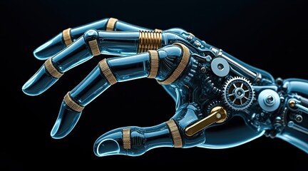 Poster - A detailed robotic hand with gears and metal joints, showcasing advanced technology and mechanical precision against a dark background.