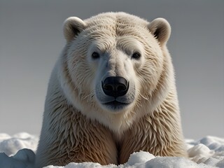 portrait of a polar bear in its natural habitat, lying on snow. focus on the face and upper body, sh