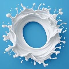 Poster - Vector white milk splash forming letter O isolated on blue background with clipping path, top view. Abstract liquid shape design with clean space for text overlay, modern minimalist concept for brandi