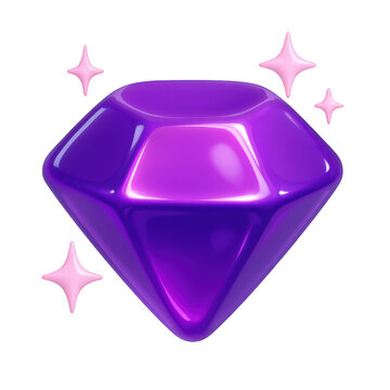 Vibrant 3D rendering of a shiny purple jewel, accentuated by soft pink star-shaped sparkles.