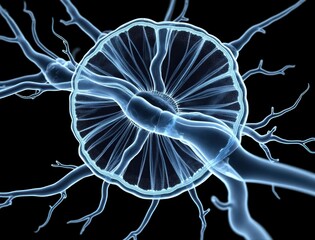 Poster - A detailed, digitally rendered image of a neuron cell with dendrites and axon, emphasizing neural connections on a black background.