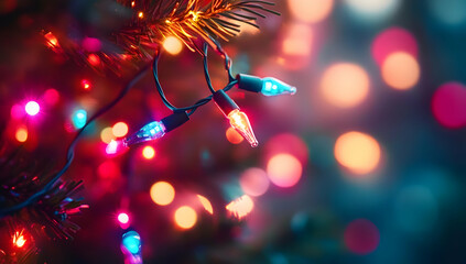 Poster - A vibrant close-up of colorful Christmas lights glowing against a soft, blurred background, creating a festive and warm atmosphere for the holiday season.