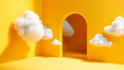 Poster - A vibrant yellow room featuring playful clouds and an archway, creating an imaginative space that inspires creativity and whimsy.