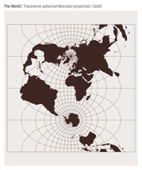 Poster - World Map. Transverse spherical Mercator projection. Solid style. High Detail World map for infographics, education, reports, presentations. Vector illustration.