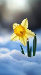 Wall Mural - yellow daffodil blooming through snow with blurred background