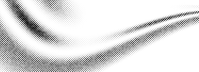 Poster - Black halftone dot wave pattern. Abstract grain fluid texture background. Dotted grit curve wallpaper. Rasterized undulate swoosh overlay for poster, leaflet, booklet, banner, brochure, flyer. Vector