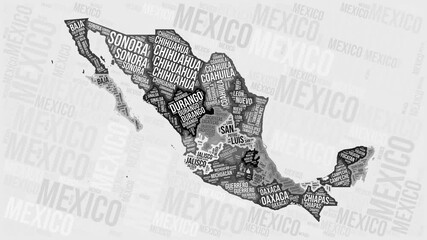 Poster - Mexico Animation. Visual effect of Mexico regions appearing in black and white word clouds style. Country intro video. Stylish Animated Motion Graphics.