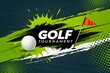 © Zee - Creative golf tournament banner design with golf ball, flag and abstract green brush stroke background