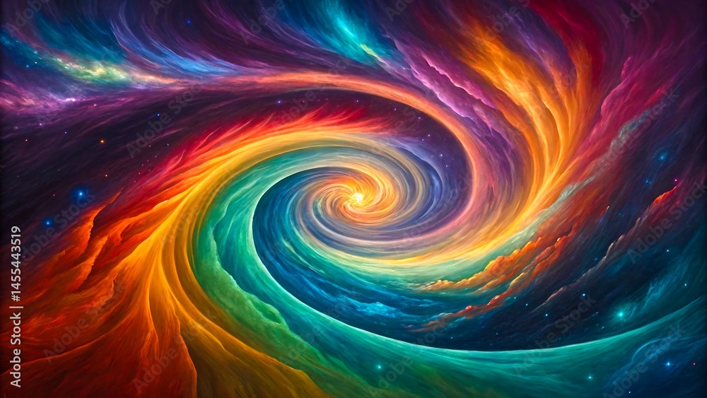 Colorful swirling abstract vortex with rainbow spiral energy and glowing cosmic light in vibrant fantasy background