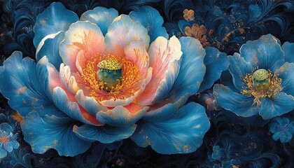 Dramatic macro shot of a blue and peach peony flower with golden accents. Use this artistic floral image for backgrounds, web design, or invitations.