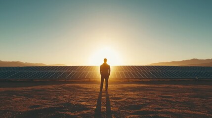 person standing in front of a large solar array in a desert.
