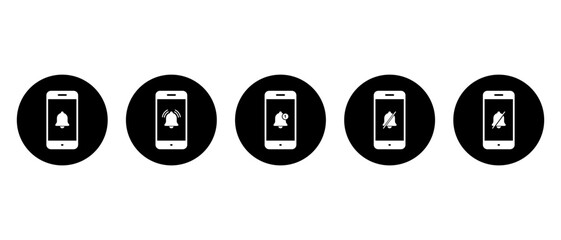 Fototapete - Notification bell on mobile phone icon set collection on black circle. Smartphone alarm sign symbol