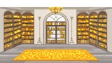 Illustrated library interior with arched entrance and symmetrical bookshelves filled with books depicting knowledge and learning in a historical setting