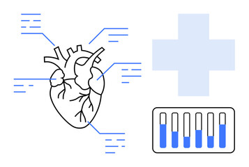 Poster - heart diagram with connective data points, medical cross, and test tube panel visualizing healthcare