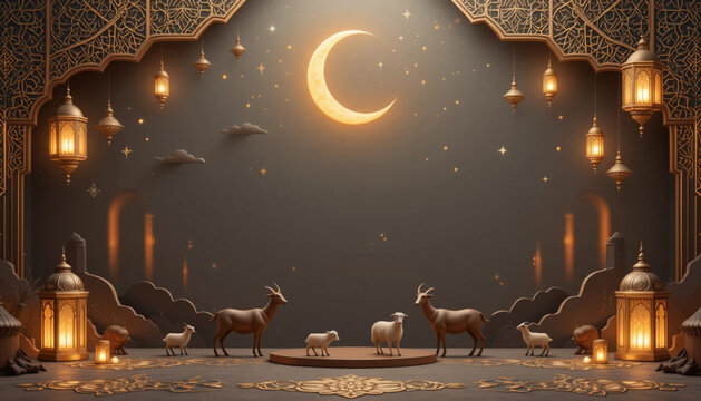 Eid al-Adha Islamic decoration background with golden crescent moon, goat and sheep figures