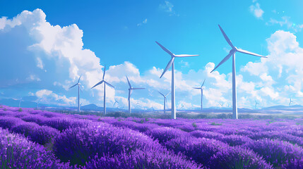 Wall Mural - Wind turbines stand tall in a field of purple lavender flowers under a bright blue sky. [Gilded Mechanica] | Petal Engines | fragrant power. Illustration