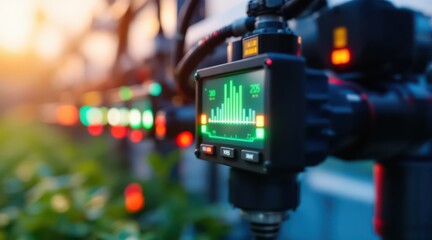 Aufkleber - Close-up of a digital device displaying measurements with colorful lights in the background.