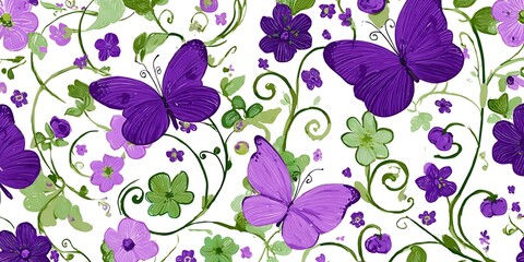 Poster - a cute cartoon print of butterflies, flowers and vines. Purple butterflies fluttering in green flowers on a white background with a minimalist style and floral motifs.