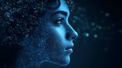 Poster - Futuristic profile of a woman with a digital network overlay. Her face features are detailed, enhanced by a cool, bluish tone. Abstract Digital low-poly wireframe connected dots in dark blue